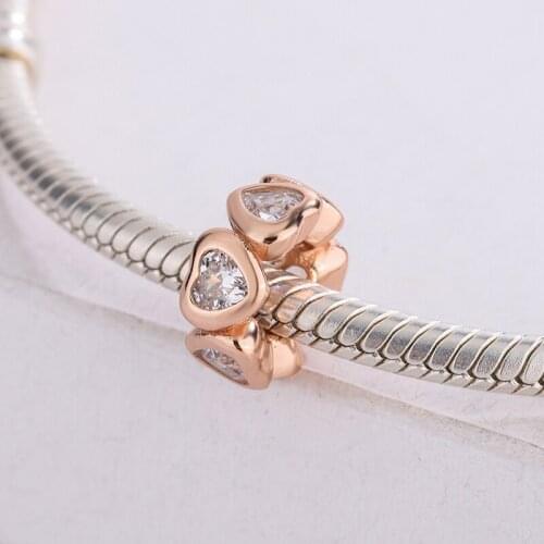 925 Sterling Silver Rose Gold Plated CZ White Zircon Heart Charms Bead Bracelet DIY Jewelry Making For Original Pandora