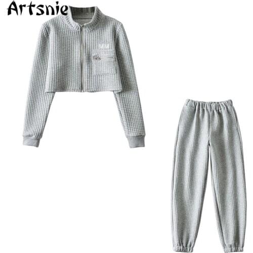 Artsnie Winter Tracksuits Women Pocket Zipper Turtleneck Jackets And High Waist Pants Sweatpants Two Piece Sets Casual Suits