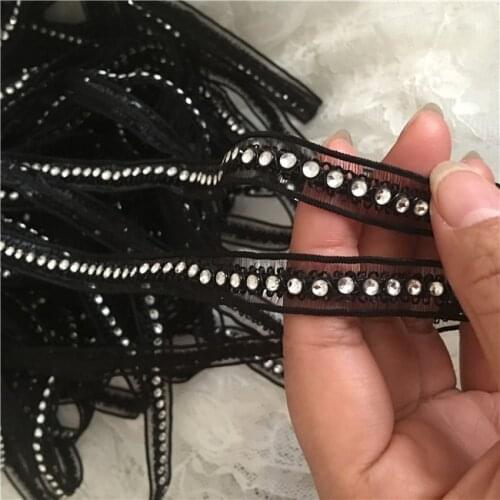 1Yards Glitter Rhinestones Beaded Splice Lace Applique 1.3cm Elastic Ribbon Tulle Lace Fabric encaje elastico para costura T03
