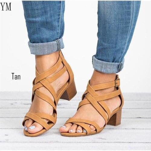 Tan Summer Fashion High Heel Women Sandals Square Heel Ladies Shoes Back Zipper Design Party Open-toed Sandals Gladiator 35-43