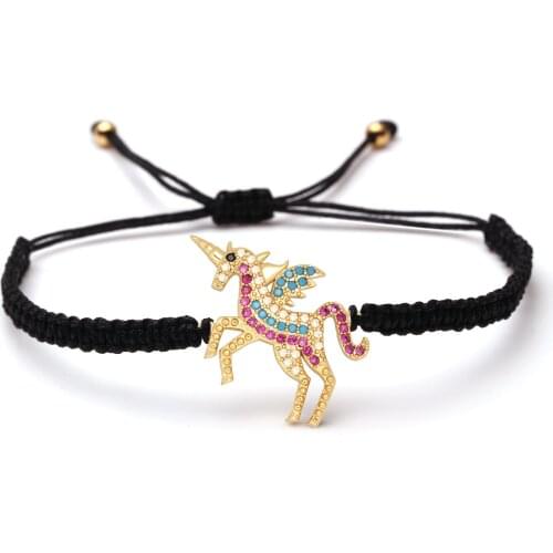 Multicolored Zircon Crystal Little Horses Charm Macrame Bracelet Women Men Hot Fashion Horn Unicorns Red Black Thread Jewelry He