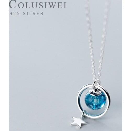 Colusiwei New 925 Sterling Silver Blue Crystal Round Star Pendant Necklace for Women Link Chain Necklace Fashion Fine Jewelry
