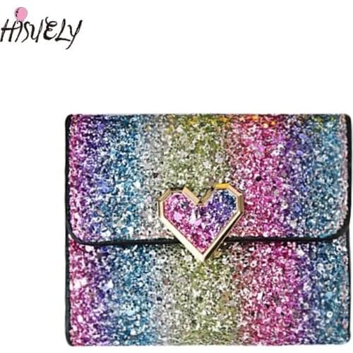 HISUELY Simple Three Folding Short Coins Packages Bright Film Change Card Bag Cute Heart Shape Mini Women Purse Holder Dollar