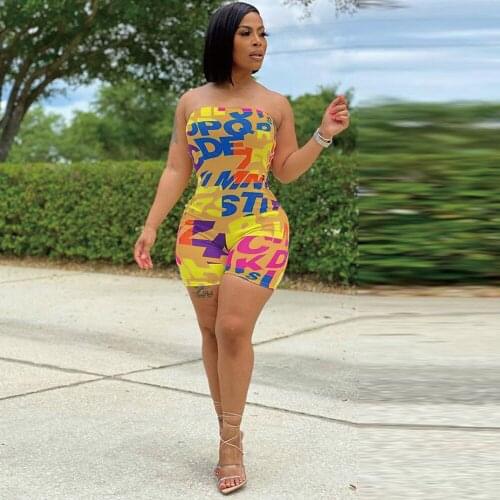 Streetwear Letter Print Sexy Rompers Womens Jumpsuit Sleeveless Off The Shoulder Skinny Playsuit Summer Women Short Bodysuits