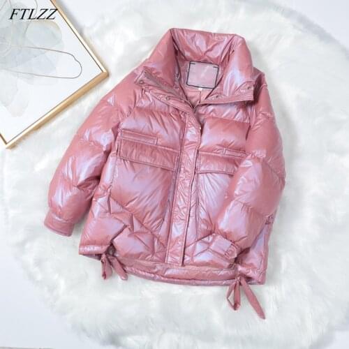 FTLZZ New Winter Women Bright Color Short Down Parkas Thickness Warm Loose White Duck Down Coat Stand Collar Black Outwear
