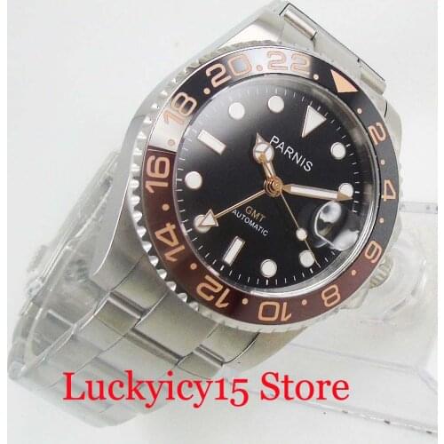 PARNIS 40mm Mechanical Men Watch GMT Date Function Sapphire Glass Rotating Bezel Mental Strap Rose Gold Coated