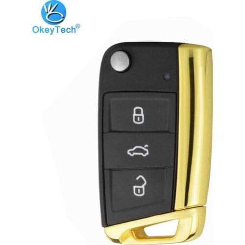 OkeyTech 3 Button Gold Shiny Metal Side Flip Folding Remote Car Key Shell for V W Golf 4 6 7 MK7 T5 Passat B5 Octavia Skoda