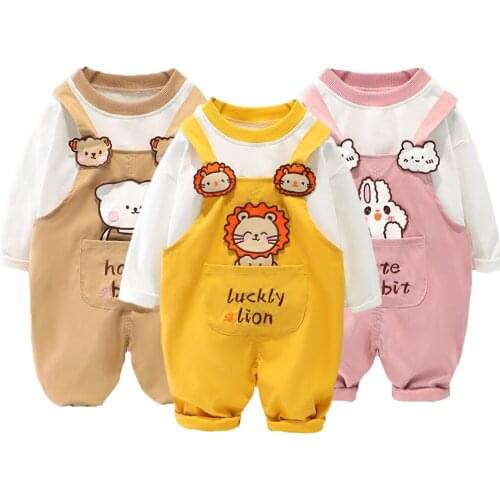 Autumn Cartoon Lion Bear Rabbit Bib Pants Toddler Baby Boys Clothing Set Blouse + Overalls Pants Kids Birthday Present Suit