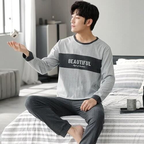 New spring and autumn mens pajamas two-piece pajamas knitted cotton casual loose boys home clothes fashion mens clothing