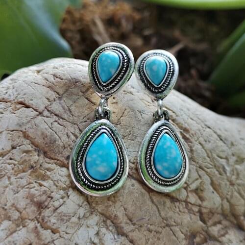 Vintage Bohemia Blue Turquoises Drop Earrings for Women Waterdrop Ancient Silver Color Dangle Earring Party Jewelry Charm Gift