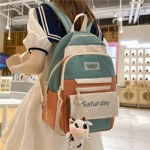 Contrast Color Waterproof Nylon Women Backpack Multi-Pocket Travel Rucksack 2021 New Travelling Schoolbag For Teenage Girl Boy
