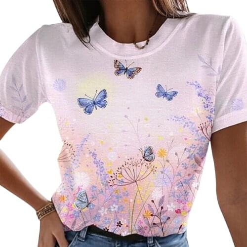 2021 Women’s Round Neck Short Sleeve T-shirt Fashion Butterfly/Dragonfly Printing Loose Pullover Top Summer Casual T-Shirts