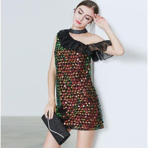 Women sexy off shoulder sequined dress halter mini short dress lotus leaf evening party dress club wear banquet outfits vestidos