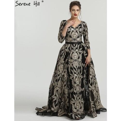 2020 Black Muslim V-Neck Long Sleeve Vintage Evening Dresses New Embroidery Luxury Evening Gowns Robe De Soiree BLA6528