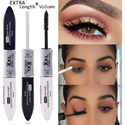 2 IN 1 Black Mascara Waterproof Silk Fiber Volume Double Effect Long Lasting Lengthening Curling Eyes Makeup