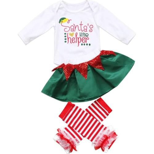 3PCS Merry Christmas Newborn Baby Girls Santa Tops Bodysuits and Skirts Striped Leg Warmer Outfits Set