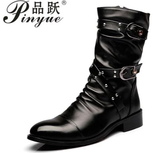 High Quality Leather Boots Men Uniform Basic Motorcycle Boots Men Mid Calf Punk Rock Black Shoes Botas Hombre size 34--45
