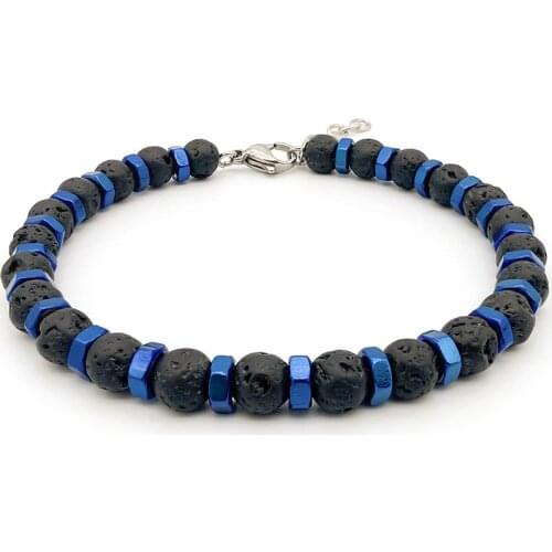 Runda Classic Volcanic Natural Stone Beads Blue Stainless Steel Bracelet