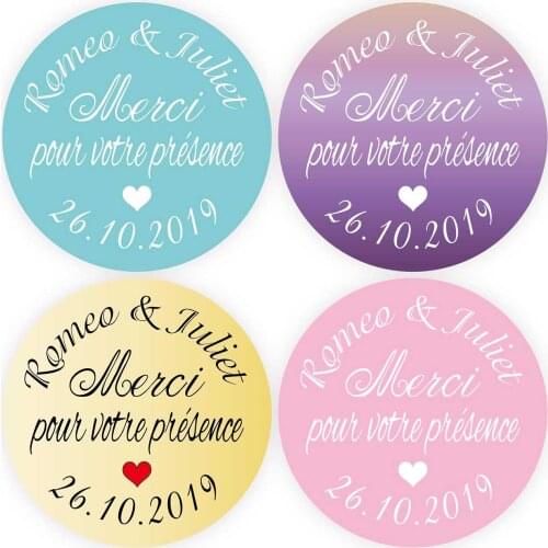 DouxArt 100 Pieces Stickers Personalized Merci pour votre presence, 4cm Heart Label Wedding Favors Communion Party Decoration