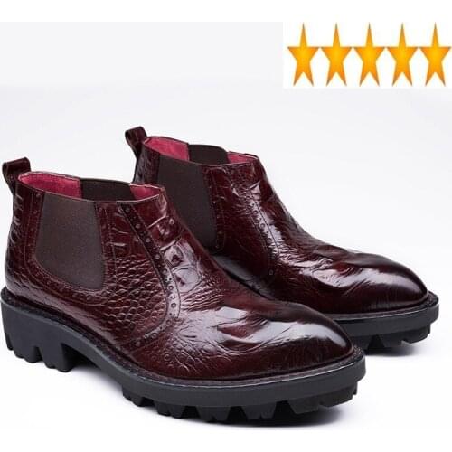 Quality Worker Men Office Top Cow Real Leather Ankle Thick Platform Med Heels Slip On Dress Shoes Increasing Chelsea Boots
