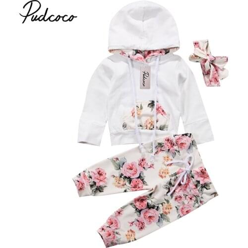 3PCS Newborn Baby Girl Clothes Hooded Top Peony Flower Leggings Pant Outfits Set Size 0-24M