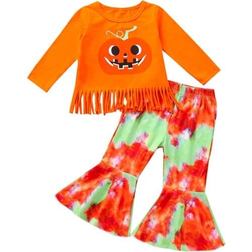 Halloween 2pcs Kids Clothes Suit Children Set Pumpkin Long Sleeve Tassel Tops Tie-Dyed Flared Trousers for Toddler 1-6 Years New