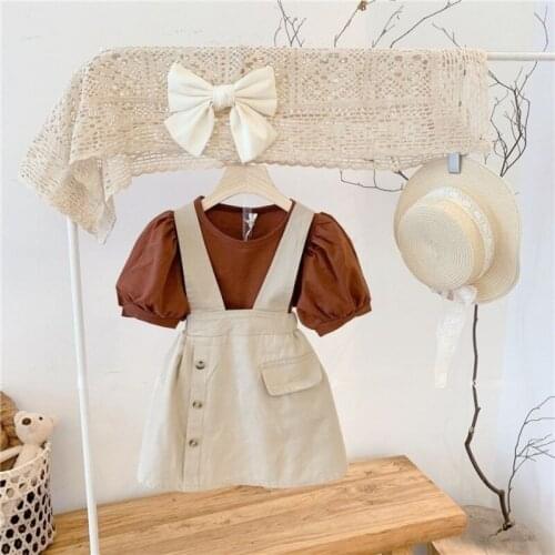 Girls 2021 Summer New Fashion Female Baby Korean Clothes Female Doll Sleeve Shirt + Strap Skirt Two-piece Casual Set