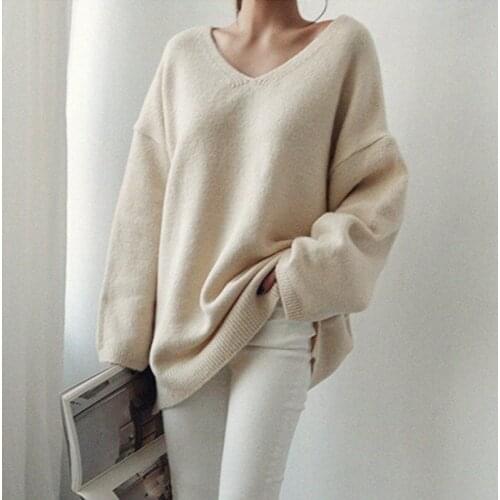 Trendy Women V-neck Sweater Loose Fit Autumn Winter Warm Casual Knitted Tops Female Long Solid Color Knit Pullovers