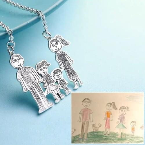 Unique Custom Kids Drawing Necklace 925 Silver Children Artwork Handwriting Jewelry Necklace Engrave Name Words Christmas Gift