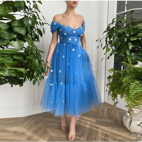 Verngo Off the Shoulder Blue Tulle Prom Dresses 2021 Sweetheart 3D Flowers Short Sleeves Tea Length Mother Formal Party Gowns