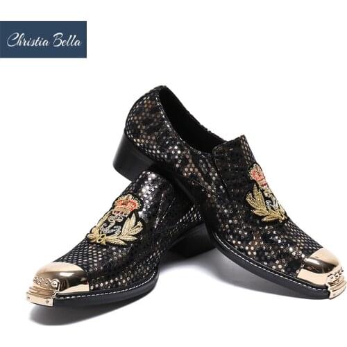 Christia Bella New Fashion Printing Genuine Leather Men Business Shoes Plus Size Slip on Metal Square Toe Formal Dress Shoes