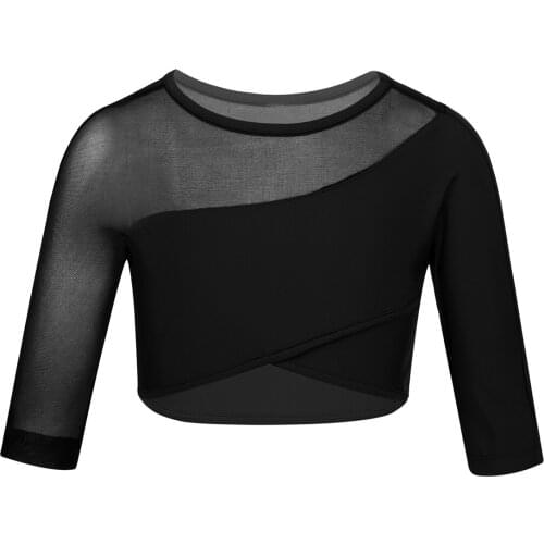 Dancewear Crop Top for Kids Girls 3/4 Sleeves Gymnastics Tank Tops Asymmetrical Mesh Patchwork Workout Ballet Dance Cropped Vest