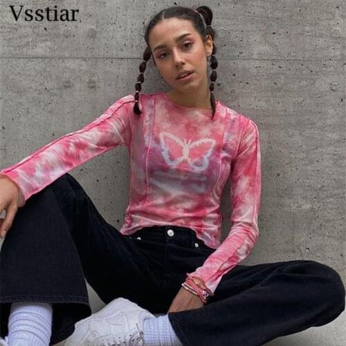 Vsstiar Vintage Butterfly Print Tight T-Shirt Street Tie Dye Long Sleeve Female Abstract Sexy Y2K Top Clubwear Pink Tees Women
