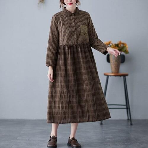Women Cotton Linen Vintage Long Dress New Arrival 2021 Spring Arts Style Patchwork Plaid Loose Female Casual Dresses S3460
