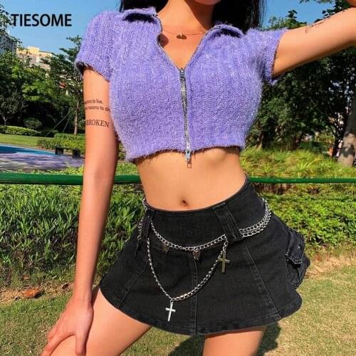 TIESOME Summer Spring New Ins Hot Sale Butterfly Embroidery Double Zipper Open Navel Sexy T-shirt Female Clothing Short Top Tees