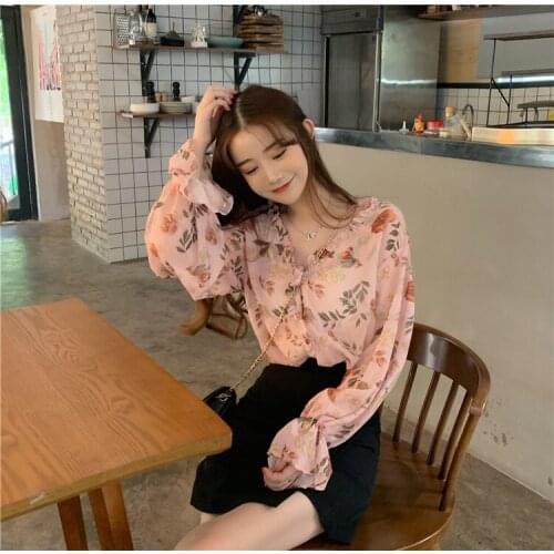 Korean style wood ears floral loose chiffon shirt women