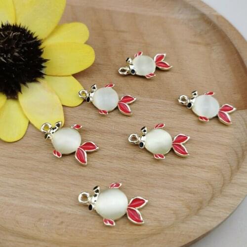 10PCS Cat Eye Fish Design Enamel Charms Gem Glodfish Alloy Pendant Earring Floating DIY Jewelry Accessories Golden Base Handmade
