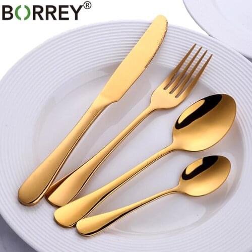 BORREY Flatware Set Stainless Steel Cutlery Set Silver Gold Tablewar Classic Hotel Cutlery Knife Fork Spoon Metal Dinnerware Set
