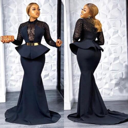 Black Lace Mermaid Prom Dresses Sequined High Neck Plus Size Peplum Evening Gowns With Long Sleeves Sweep Train Satin Formal Dre