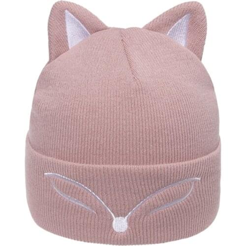 Women Men Cute Animal Eyes Embroidery Cuffed Beanie Hat 3D Cat Ears Winter Knitted Harajuku Hip Hop Stretchy Skull Cap