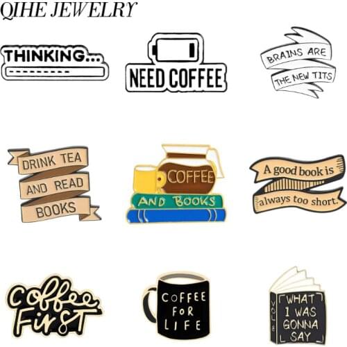 Book and Coffee Enamel pins Collection "All I Need Is Book and Coffee" Books Lapel Pin Coffee Cups Metal Badges Banner Brooches
