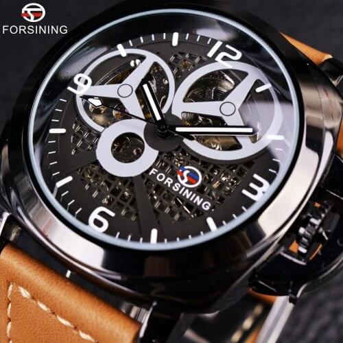 Forsining Full Black Skeleton Case Windmill Designer Brown Suede Strap Men Watch Top Brand Luxury Military Automatic Sport Watch