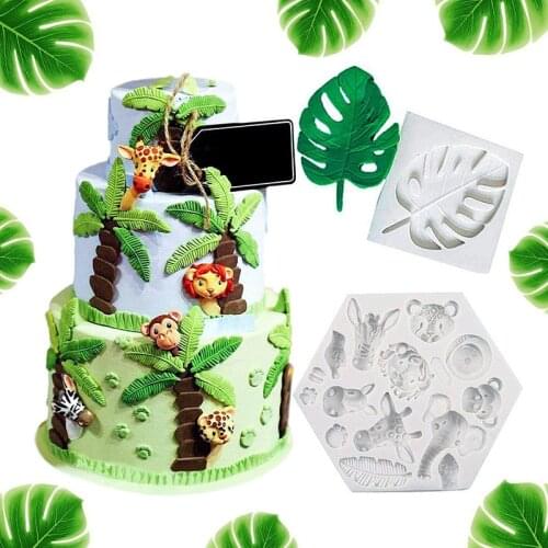 Cake Decorating Tools Jungle Safari Animal Tropical Leaf Silicone Mold Cookie Mould Lion Elephant Giraffe Monkey Zebra Dessert