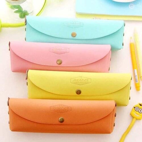 Creative Solid PU Leather Material Pencil Stationery Bags High Capacity Pencil Case School &Offices