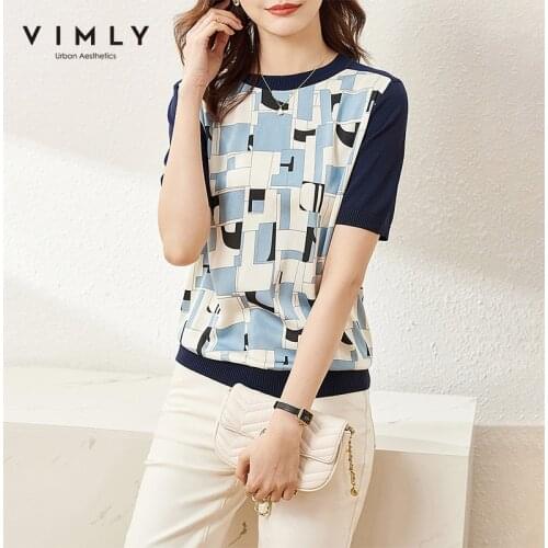 VIMLY Summer Womens Tshirts Casual Contrast Oneck Knitted Tops 2021 Korean Thin Short Sleeve T-shirts Women Clothes F8053
