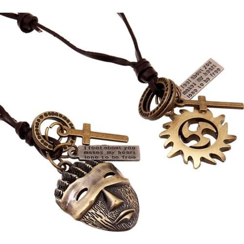 Fashion Vintage Long Pendant Necklace Metal Mask Gear Cross Charms Retro Leather Adjustable Chain Hiphop Women Men Punk Jewelry