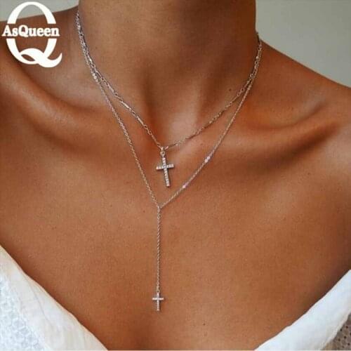 Fashion Simple Multilayer Cross Crystal Necklace Chain Sweater Chain Jewelry Accessories Female