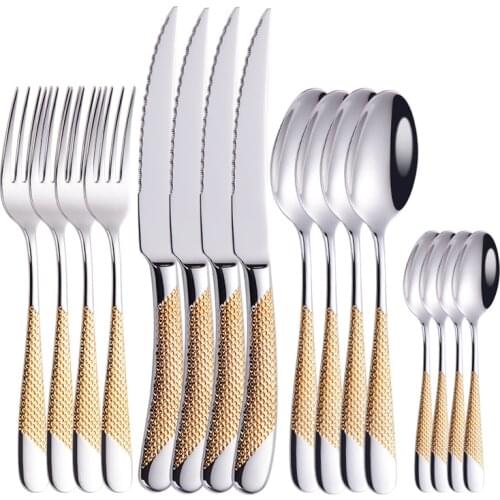 Silver Tableware Stainless Steel Cutlery Set Forks Knives Spoons Kitchen Dinner Set Fork Spoon Knife Gold Dinnerware Set 16 Pcs