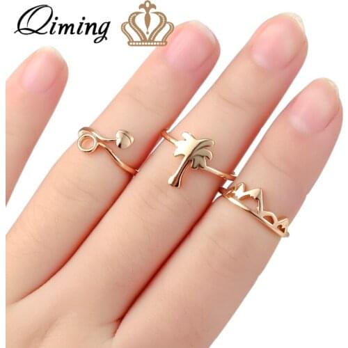 QIMING Finger Woman Ring Set Coconut Tree Charm Mountain Love Heart Rings For Women Cheap Birthday Gift Golden Fashion Jewelry