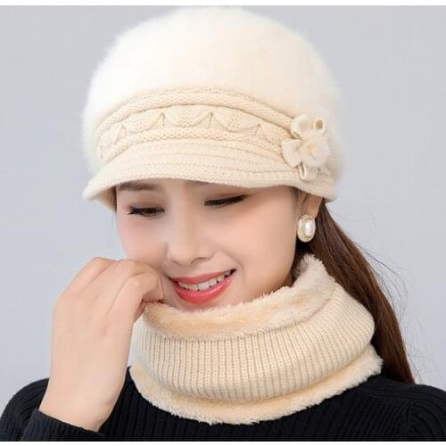 New Women Winter Hat Keep Warm Cap Add Fur Lined Hat And Scarf Set Warm Hats For Female Casual Rabbit Fur Winter Knitted Hat